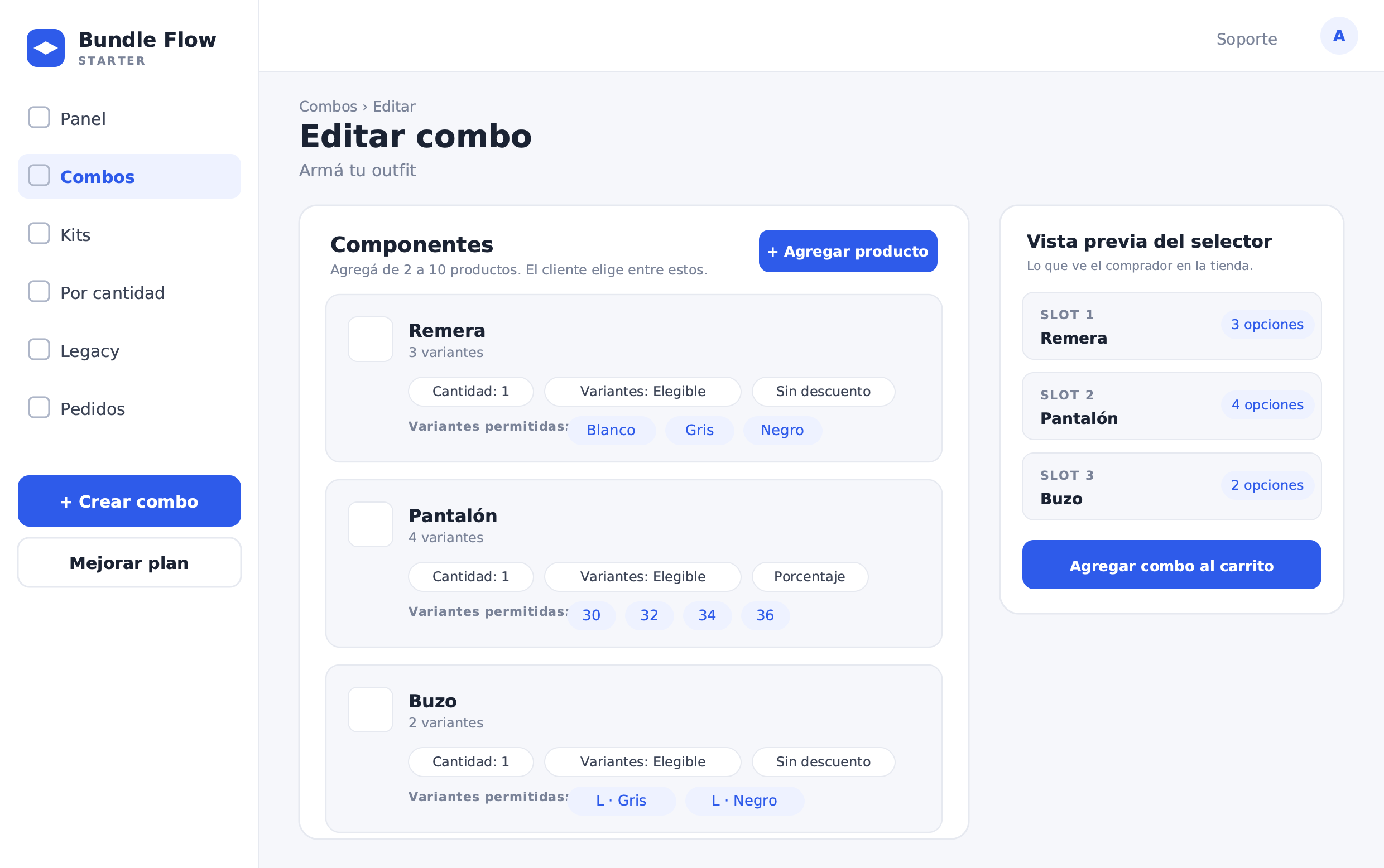 Outfit components in Bundle admin: size and color selectable per garment