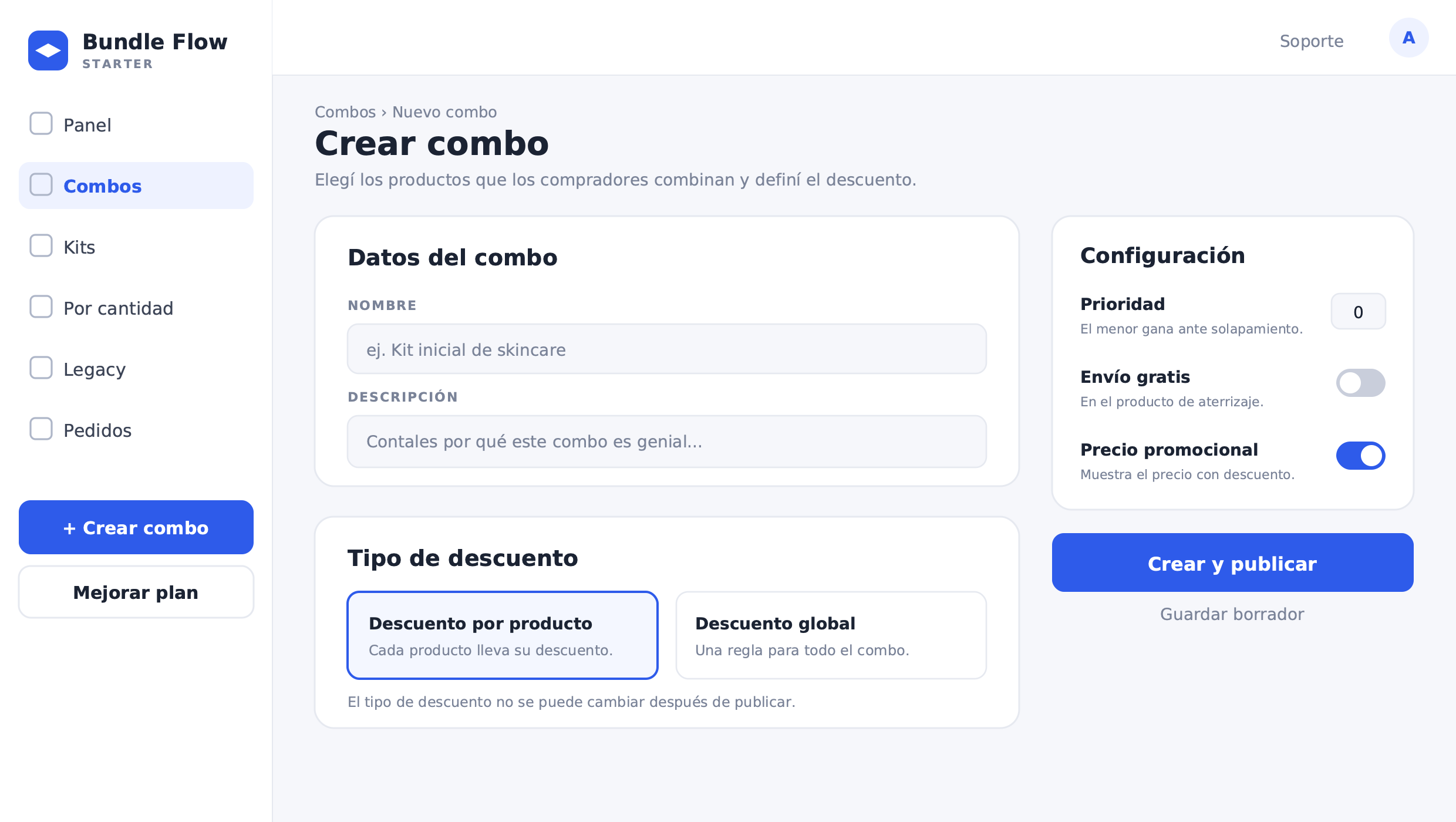 Bundle admin panel — create combo screen