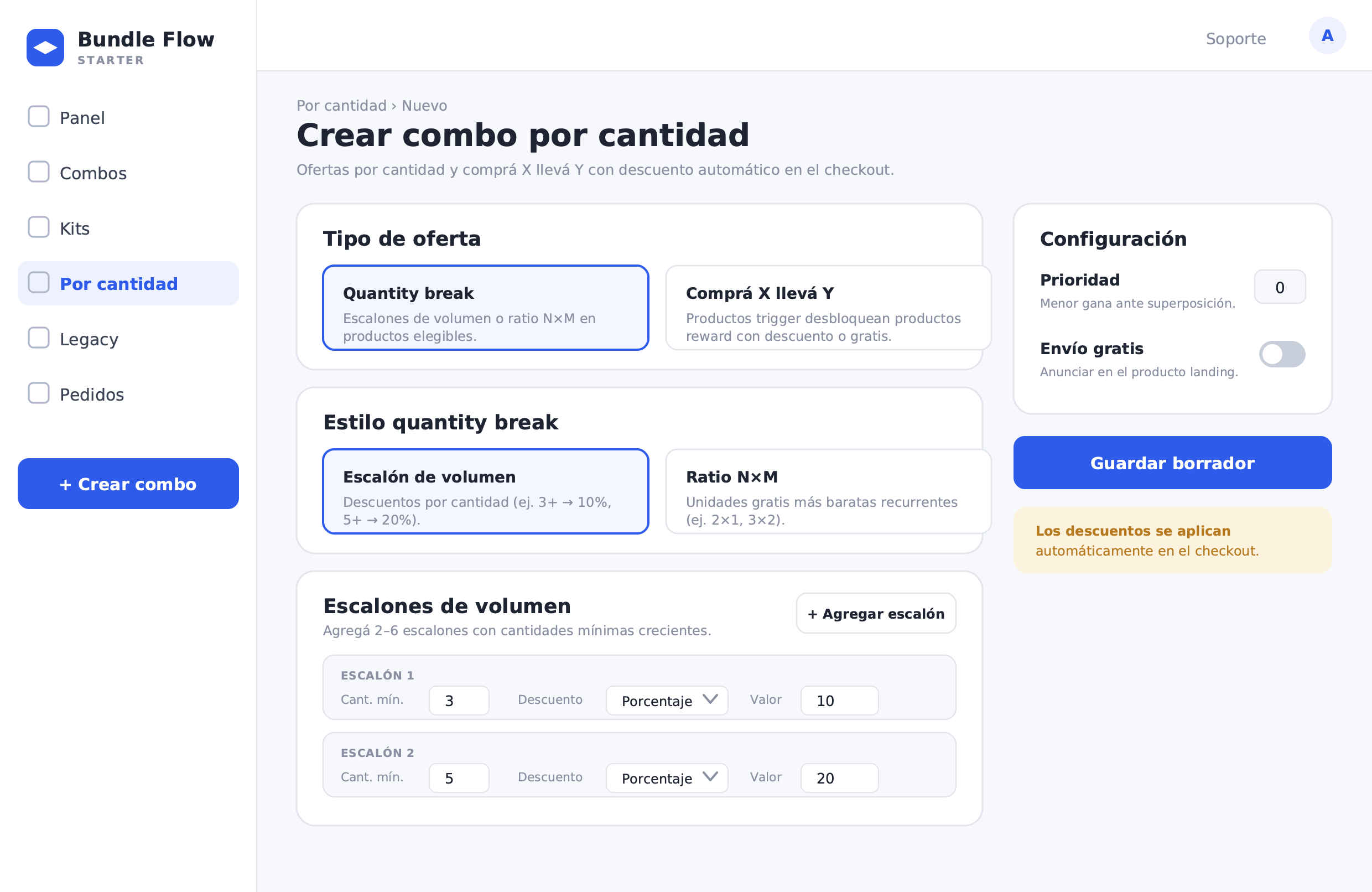 Bundle admin By quantity creation screen: volume tiers, eligible products, and priority setting